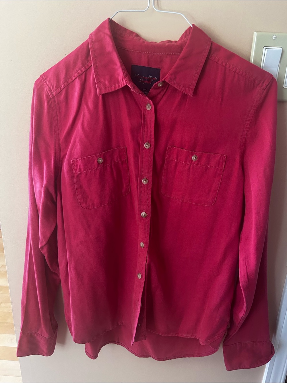 Women's Red Button-Down Shirt with Chest Pockets - Casual Collared Top